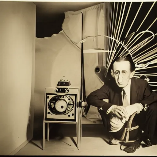 Image similar to Kodachrome portrait of Marcel Duchamp with an technologival machine, archival pigment print in the style of Hito Steyerl, studio shooting, contemporary art