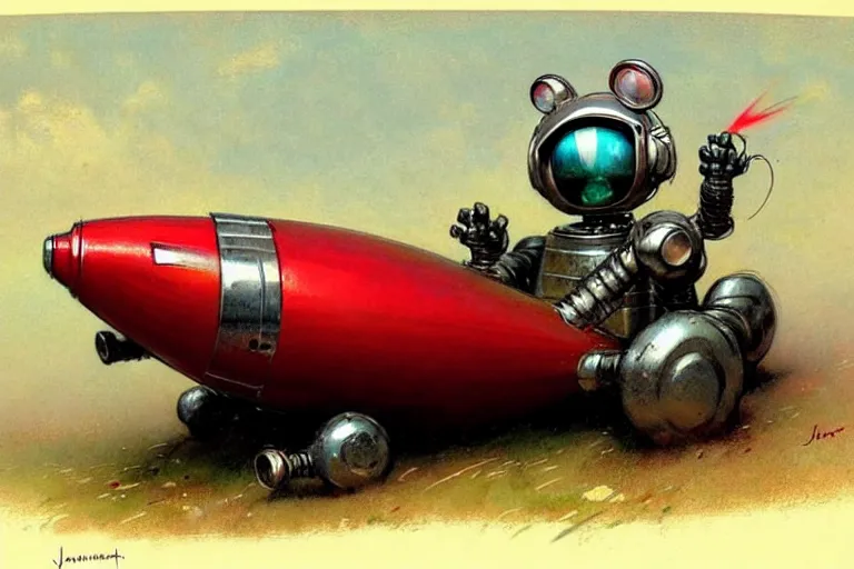 Image similar to adventurer ( ( ( ( ( 1 9 5 0 s retro future robot android mouse rv rocket sled robot. muted colors. ) ) ) ) ) by jean baptiste monge!!!!!!!!!!!!!!!!!!!!!!!!! chrome red
