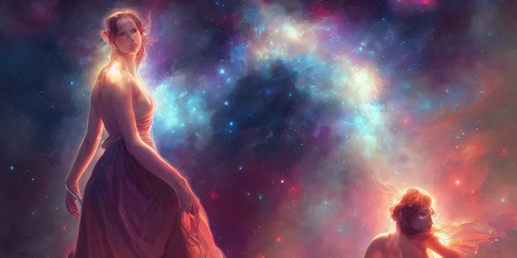 Image similar to vast nebula, ultra realistic illustration, alanis guillen, intricate, elegant, highly detailed, digital painting, artstation, concept art, smooth, sharp focus, illustration, art by artgerm and greg rutkowski and alphonse mucha