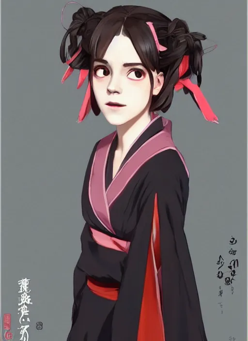 Image similar to emma watson as nezuko Kamado from demon slayer anime ねずこ nezuko from demon slayer anime ねずこ nezuko from demon slayer anime ねずこ wearing kimono wrapped mouth by artgem by greg rutkowski trending on artstation