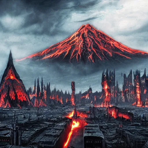 Image similar to mordor as a bustling city, extremely detailed, sharp focus, skyline, vast, gothic, lord of the rings, mount doom, 4 k, fantasy, concept art, gritty