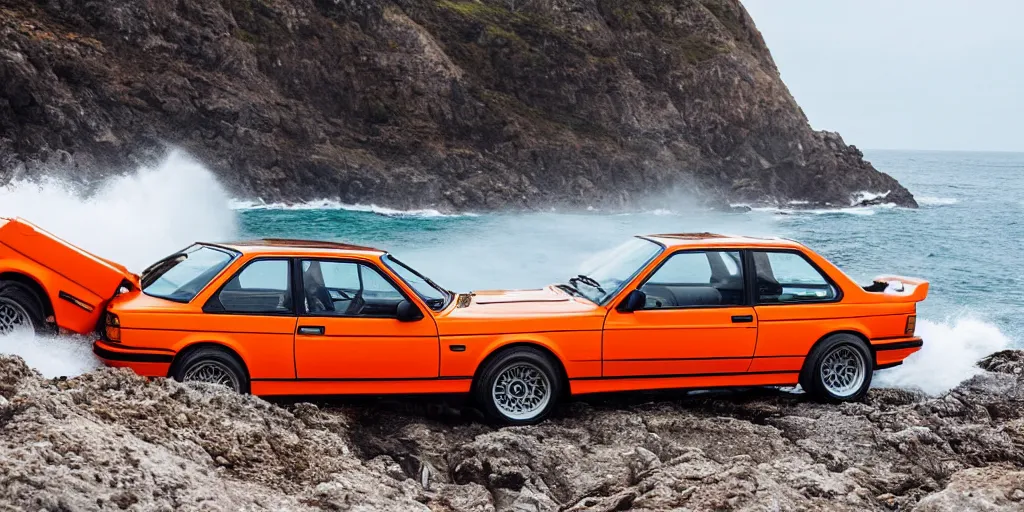 Image similar to orange bmw e30 m3 driving off a cliff into the ocean