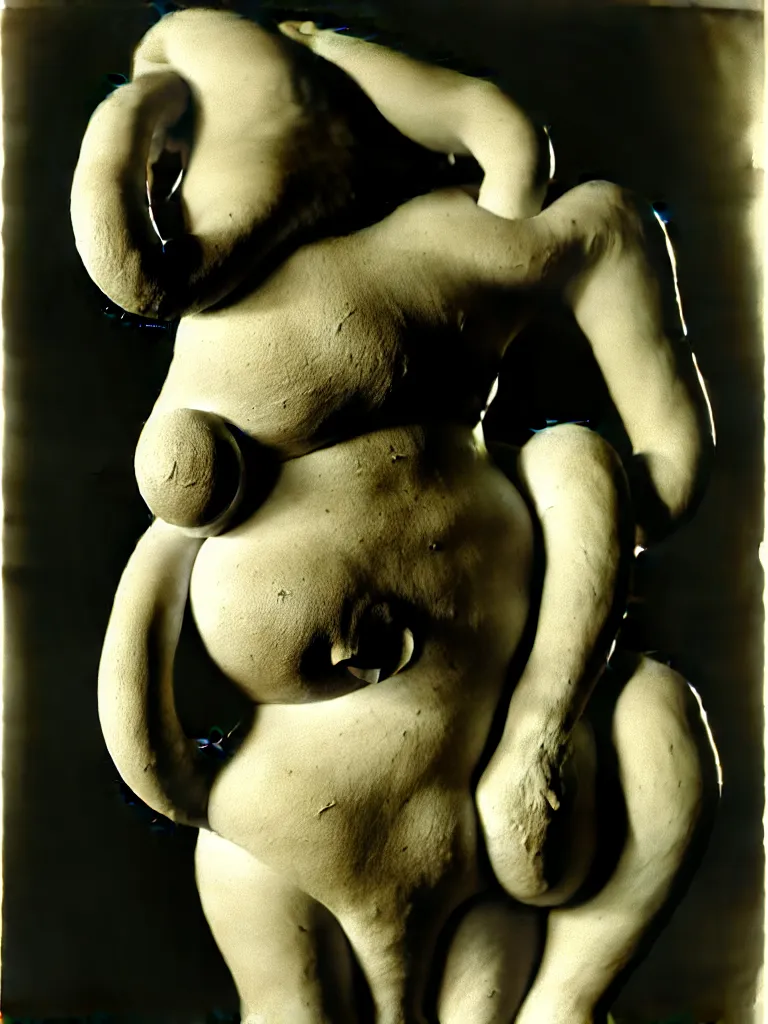 Image similar to extreme harsh lighting antique photograph of biomorphic surreal sculpture of a curvaceous standing figure of enemy of mankind, made of plaster and old circuitry and stained with sumi ink, sculpted by alexander rodchenko and eva hesse, photographed by francesca woodman, tragic grainy shallow depth of field high contrast shocking detail trending on artstation 8 k