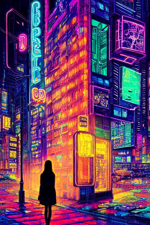 Prompt: dreamy cyberpunk girl, neon coat, detailed acrylic, city bar, intricate complexity, by dan mumford and by alberto giacometti, peter lindbergh