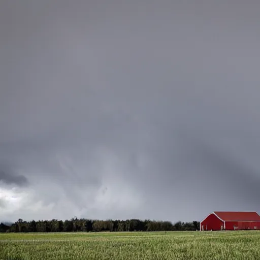 Image similar to a gray tornado in a flat field destroying a barn.