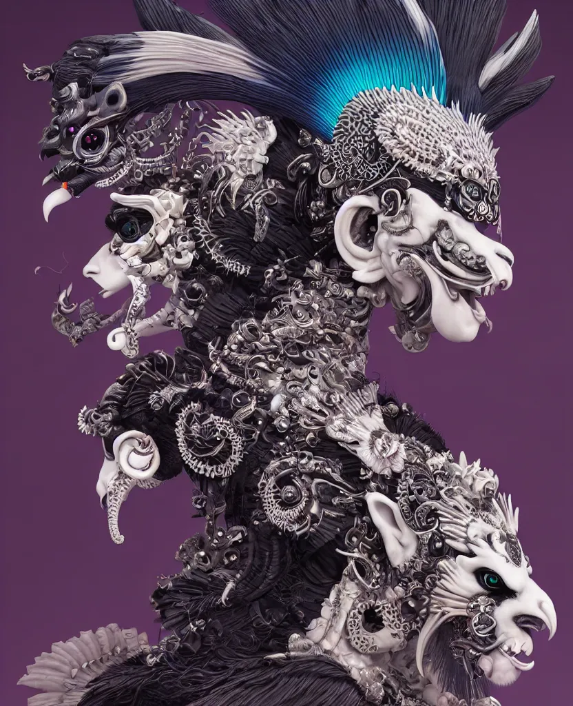 Image similar to 3 d goddess close - up profile portrait punk with mohawk with ram skull. beautiful intricately detailed japanese crow kitsune mask and clasical japanese kimono. betta fish, jellyfish phoenix, bio luminescent, plasma, ice, water, wind, creature, artwork by tooth wu and wlop and beeple and greg rutkowski