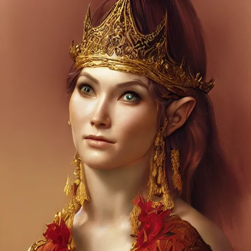 Prompt: a portrait of an elven queen, fair complexion, rounded contours, positive canthal tilt, golden crown, intricate rococo ornamentation, ruby earings, piercings, WLOP, Craig Mullins, Rembrandt