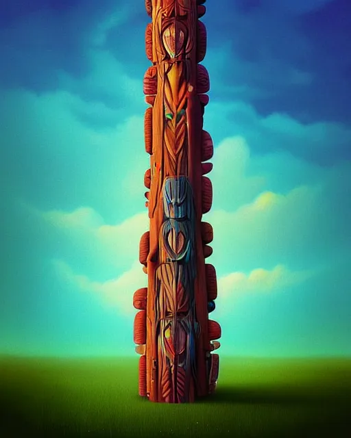 Prompt: a painting of randy manzo totem pole, a surrealist painting by Naoto Hattori, sunset, by Beeple, symmetry, by Makoto Shinkai and Lois van baarle, trending on deviantart, pop surrealism, lowbrow,, whimsical