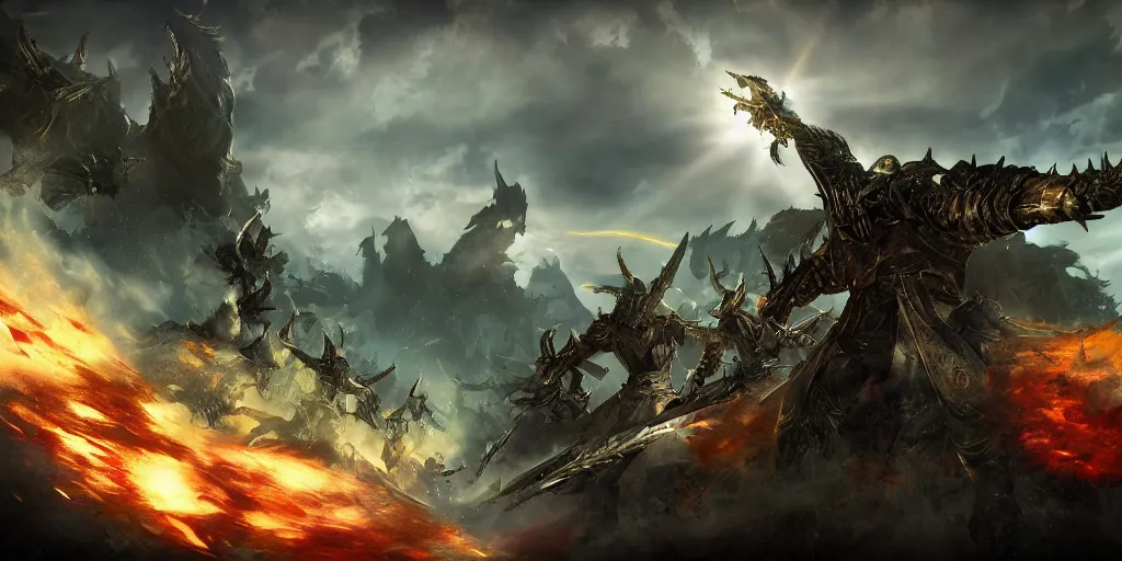 Image similar to guild wars 2, cinematic battlefield, god rays, digital art, high detail