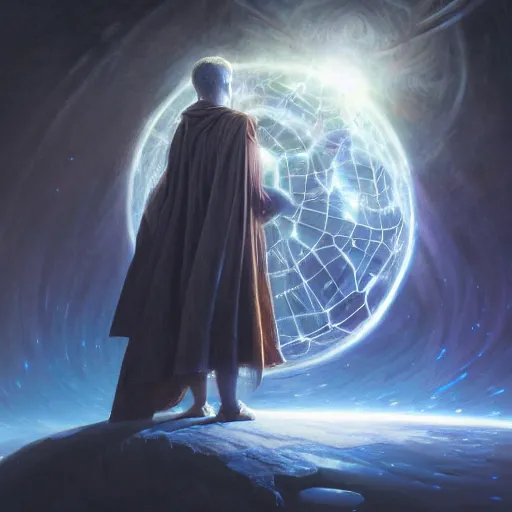 Image similar to the creator of worlds wearing a cloak and holding a holographic planet projection in his hand, detailed, sci - fi, digital painting, artstation, sharp focus, illustration, ominous, artgerm, tomasz alen kopera, peter mohrbacher, donato giancola, joseph christian leyendecker, wlop, frank frazetta