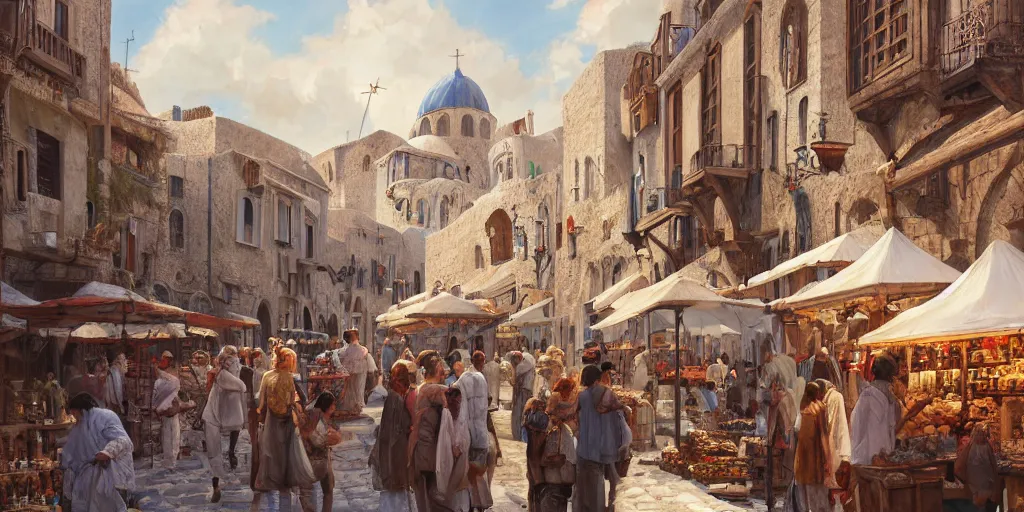 Image similar to a busy medieval Mediterranean street market in the style of Sylvain Sarrailh, Greek islands, narrow streets, whitewashed buildings, old port, hanging fabric, bartering merchants, beautiful digital art, cinematic composition, detailed, concept art, Matt painting, oil painting, high res