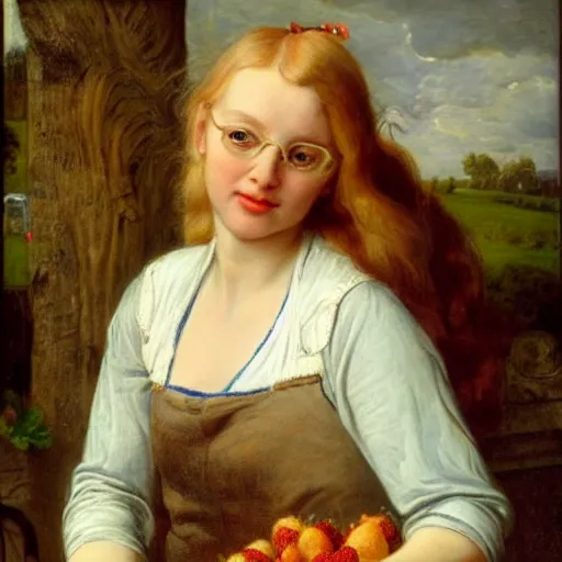 Prompt: A beautiful Blonde Woman with Locks and glasses selling strawberries in the style of Sophie Anderson, Portrait