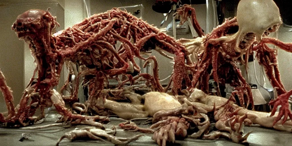 Image similar to filmic extreme wide shot dutch angle movie still 35mm film color photograph of a mutated shape shifting organism made of human internal organs, disgusting dissected human tissue with a variety of grotesquely strewn together human and animal limbs, in the style of a horror film The Thing 1982