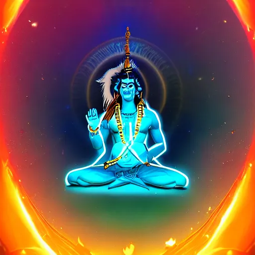 Prompt: Lord Shiva holding trident in the space , glowing effect, universe, concept art trending on artstation , realistic,