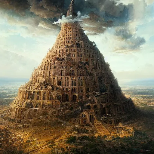 Prompt: Tower of babel, destruction, beautiful, highly-detailed oil painting by Greg Rutkowski