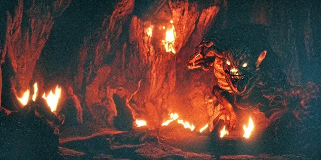 Image similar to A full color still from a Stanley Kubrick film featuring a Balrog in Moria, practical effects, 35mm, 1975