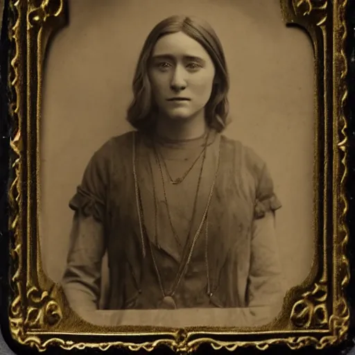 Image similar to Tintype photograph of Saoirse Ronan as a Irish ethnographic subject. 1920s studio lighting.