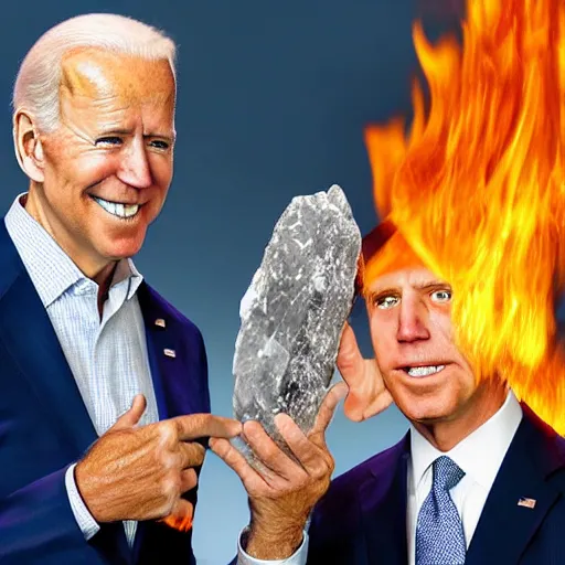 Prompt: UHD candid photo of Joe Biden and Hunter Biden holding up a giant flaming quartz crystal, UHD, photorealistic, correct face, photo by Annie Leibowitz