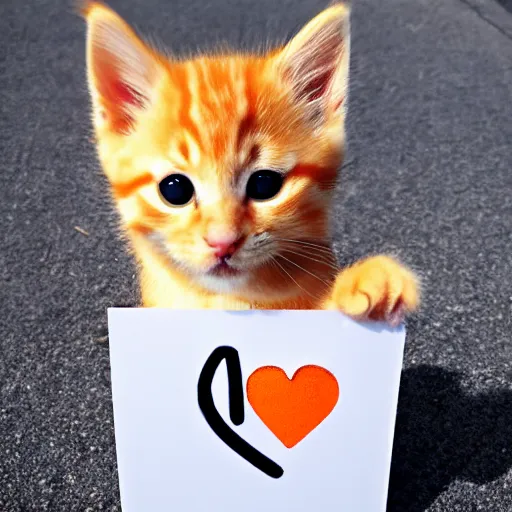 Image similar to cute fluffy orange tabby kitten with a sign that says