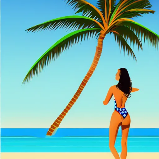 Image similar to a beautiful illustration of a woman in a swimsuit on the beach with palm trees by hed kandi, adobe illustrator