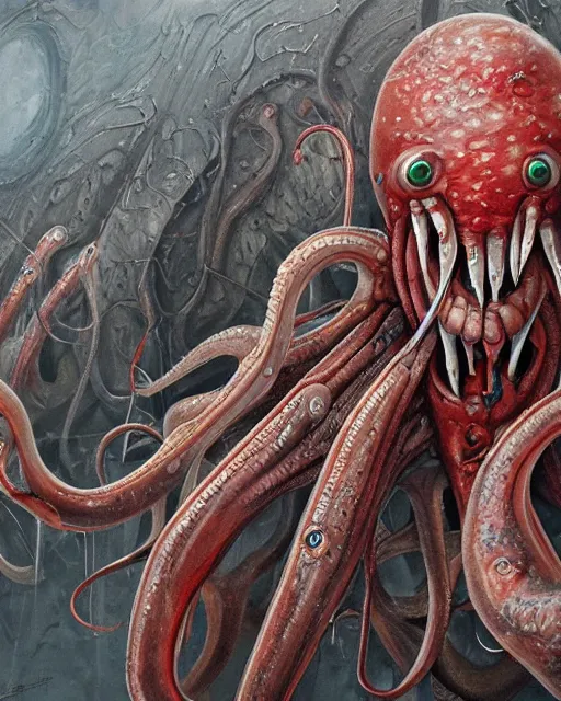 Image similar to Haunting horrifying detailed painting of a tall skinny extraterrestrial squid monster made of gelatinous fluid, floating teeth and bloodshot eyeballs, hyper detailed, trending on Artstation