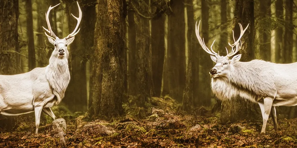 Image similar to king of the forest, a white stag, beautiful, fantasy, hyper realistic, dramatic lighting, cinematic, 35mm lens, 8k,