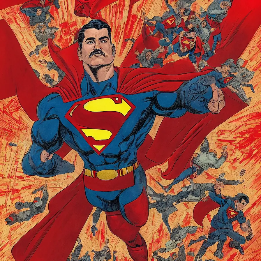 Image similar to epic comic book cover of stalin as superman floating over the red square ( moscow ), socialist realism, aesthetically pleasing, finely detailed facial features, hyperrealistic, intricate digital art, trending artstation, artgem, rich moody colors, fan art, concept art, in the style of the red son, by cory walker and ryan ottley