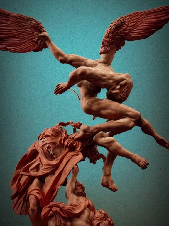 Prompt: a falling man in the form of a Greek sculpture apollon with wings sinking in lake bubbling red wax, super hero pose, skull, flowers, baroque. intricate artwork by marvel comix style. Trending on artstation. octane render, cinematic, hyper realism, octane render, 8k, depth of field, bokeh. iridescent accents. vibrant. teal and gold and red colour scheme