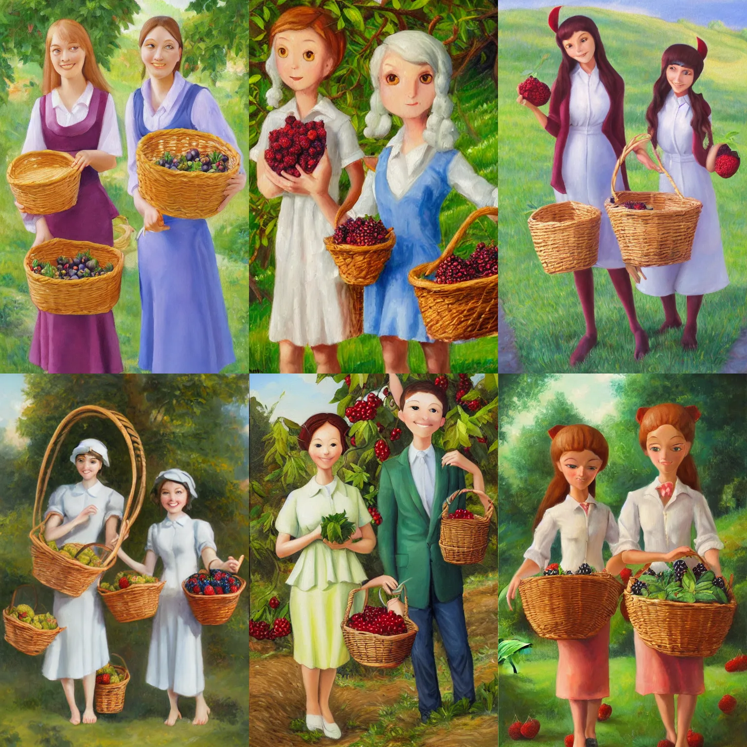 Prompt: oil painting of a pair of anthropomorphic leavanny (((mormon missionary))) pokemon girls holding a basket of berries