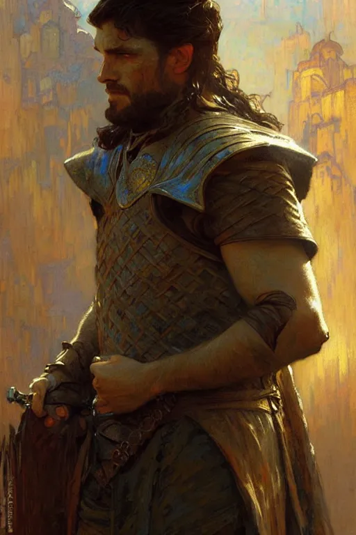 Prompt: attractive man, game of thrones, cool colors, painting by gaston bussiere, craig mullins, greg rutkowski, alphonse mucha