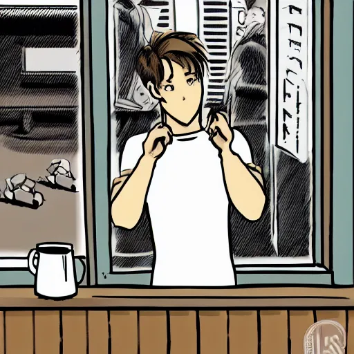 Prompt: comic cartoon manga male brown short hair cute white shirt sitting in cafe looking out window as traffic goes by