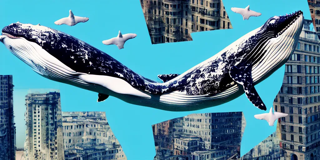 Image similar to photography collage of whale flying over a building, wearing fashion clothing, id magazine, hyperrealism, detailed textures, photorealistic, 3 d city, ultra realistic,