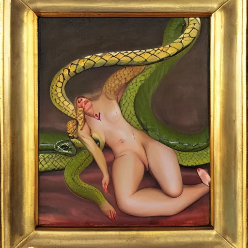 Prompt: a seductive painting of the goddess Lilith entwined with a snake