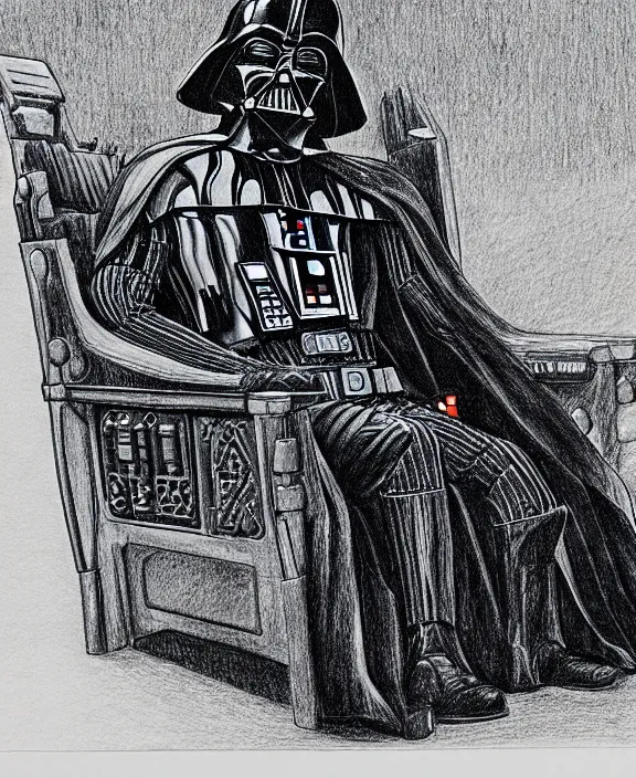 Image similar to a detailed fineliner drawing of darth vader relaxing in an armchair