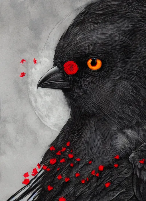 Image similar to portrait, A crow with red eyes in front of the full big moon, book cover, red roses, red white black colors, establishing shot, extremly high detail, foto realistic, cinematic lighting, pen and ink, intricate line drawings, by Yoshitaka Amano, Ruan Jia, Kentaro Miura, Artgerm, post processed, concept art, artstation, matte painting, style by eddie mendoza, raphael lacoste, alex ross