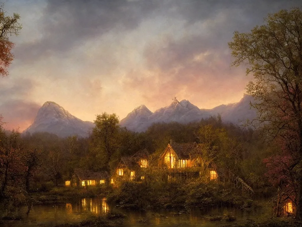 Image similar to a gorgous witchhouse in a woodland with lighted windows, mountains in background, evening mood, pink clouds in the sky, by clive madgwick