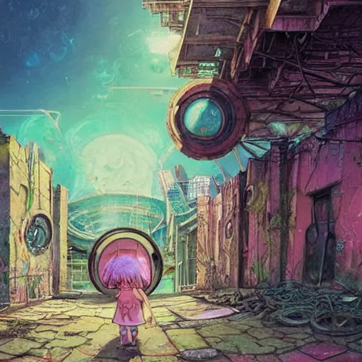 Prompt: a little girl on a dilapidated sidewalk looking through a dirty graffiti wall into a round portal. inside the portal is a beautiful vaporwave cosmic futuristic city, illustration, intricate details, highly detailed, fantasy art style, concept art, intricate details, highly detailed, moebius, studio ghibli, rene magritte