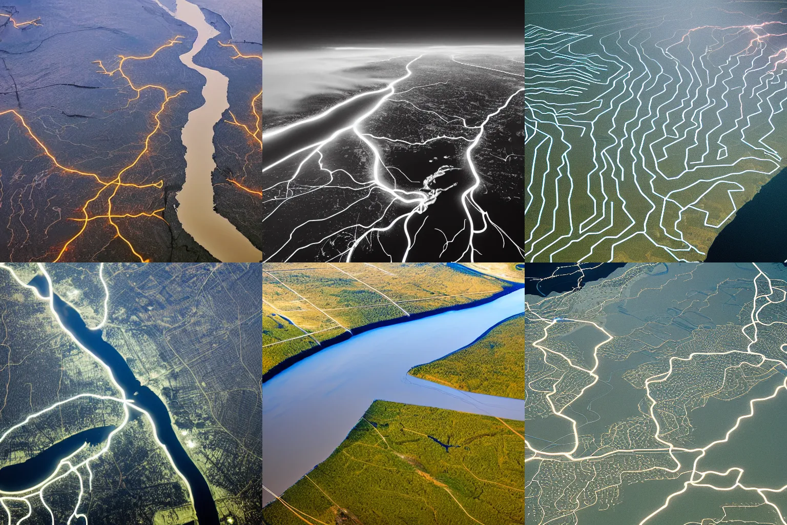 Prompt: aerial view of river tributaries of electricity and lightning instead of water, highly detailed