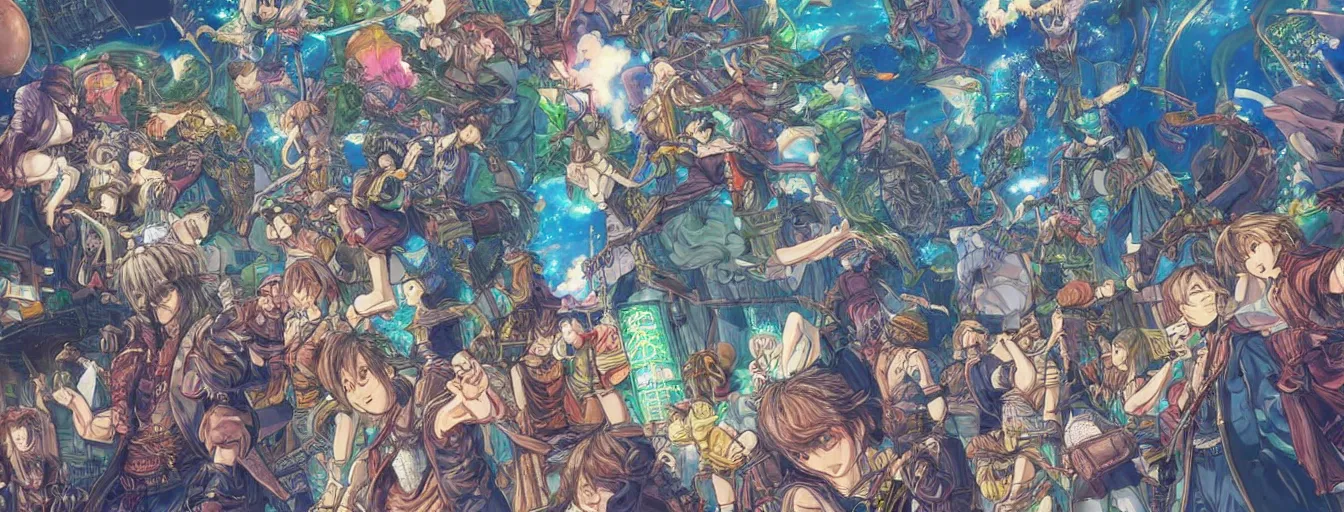 Prompt: the heavens dreams and hopes. hyperrealistic anime background illustration by kim jung gi, colorful, extremely detailed intricate linework, smooth, super sharp focus, bright colors, high contrast, matte, octopath traveler, unreal engine 5 highly rendered, global illumination, radiant light