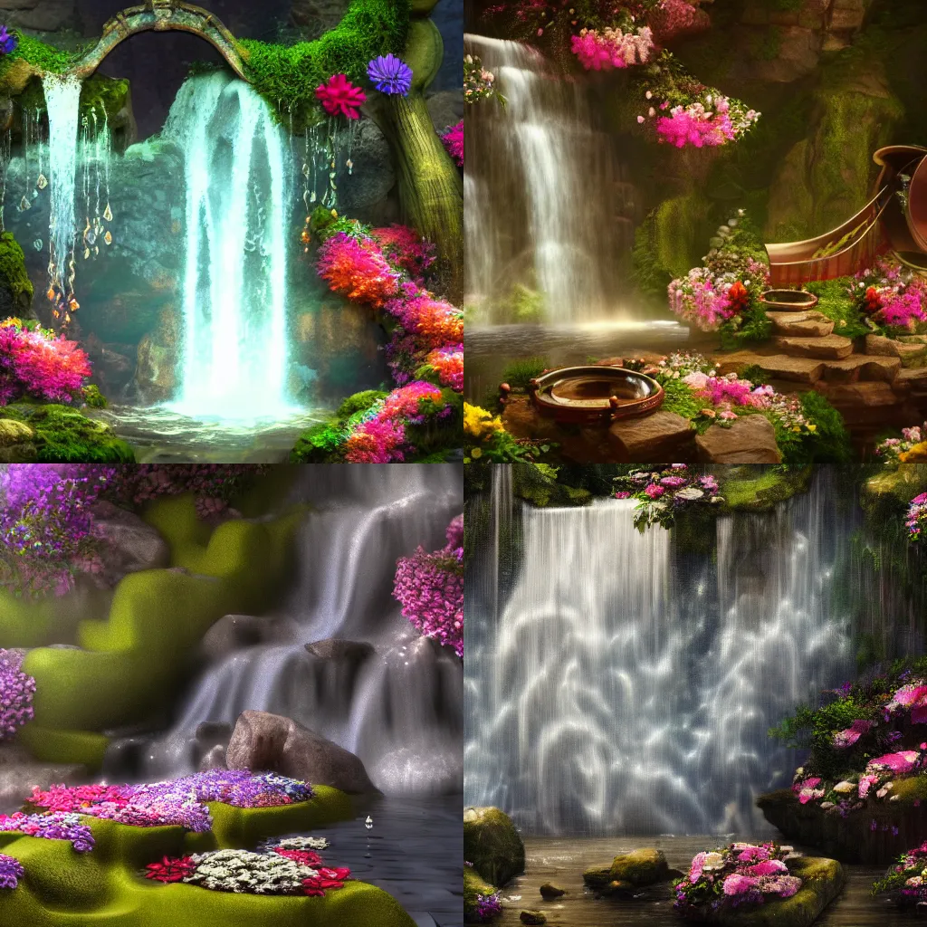 Prompt: waterfall coming out of a calliope instrument, covered in flowers, photography, trending on pixiv, 4k, cinematic lighting