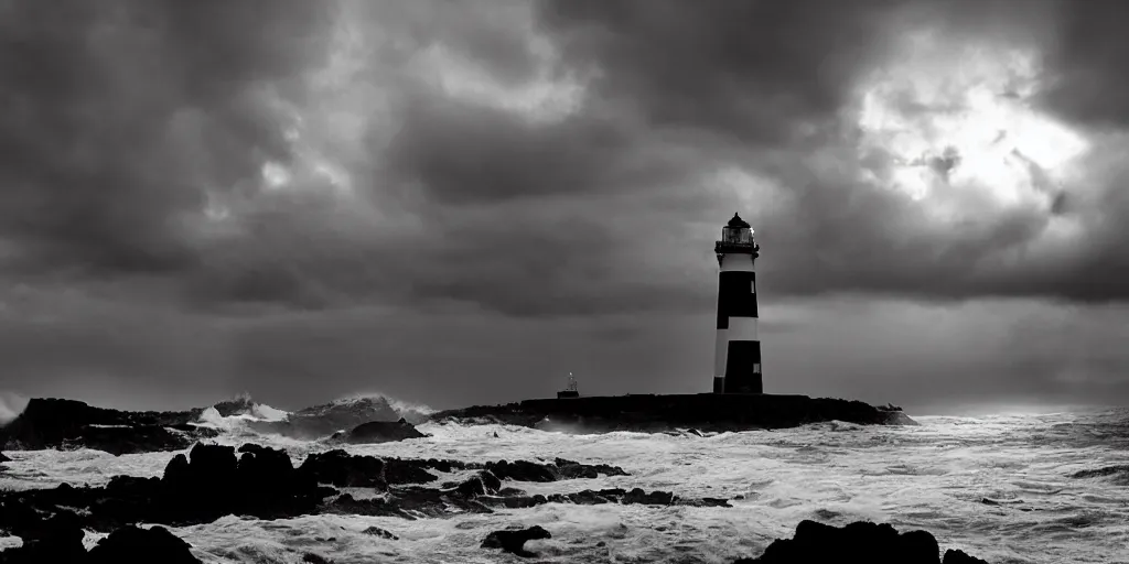 Image similar to the lighthouse at the end of the world, night, epic clouds, atmospheric, big waves crashing, cthulhu rising