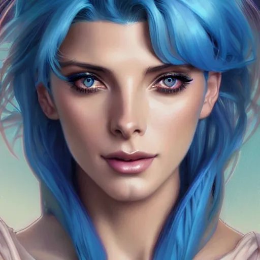 Image similar to Ashley Greene with blue hair as Sailor Moon, western, D&D, fantasy, intricate, elegant, highly detailed, digital painting, artstation, concept art, matte, sharp focus, illustration, art by Artgerm and Greg Rutkowski and Alphonse Mucha