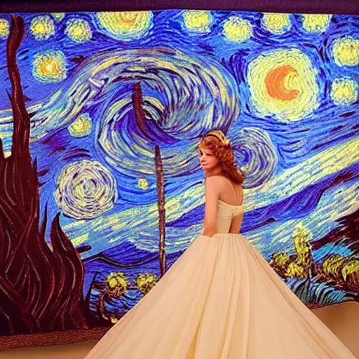 Prompt: Stunning photograph of a magnificent and ethereal ball gown inspired by Van Gogh's Starry Night. Studio lighting