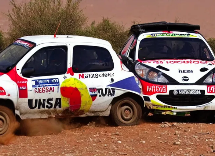 Image similar to a familj car nissan micra broke down in the desert during paris dacar rally