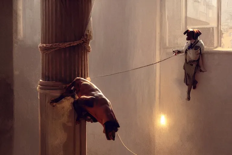 Image similar to a man tied to a pillar and jack russel terrier pissing on him, highly detailed, hyperrealistic digital painting, artstation, concept art, smooth, sharp focus, illustration, cinematic lighting, art by artgerm and greg rutkowski and alphonse mucha