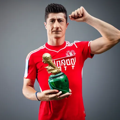 Image similar to portrait of Robert Lewandowski in polish national team t shirt holding World Cup trophy, 4k, hq, high details, natural light, perfect quality, professional photography, award winning photo, a lot of details, perfect face