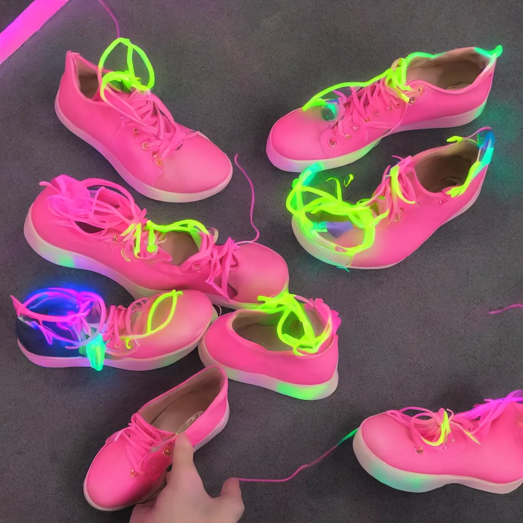 Image similar to new shoes inspired by final fantasy bright neon product photo 8k studio