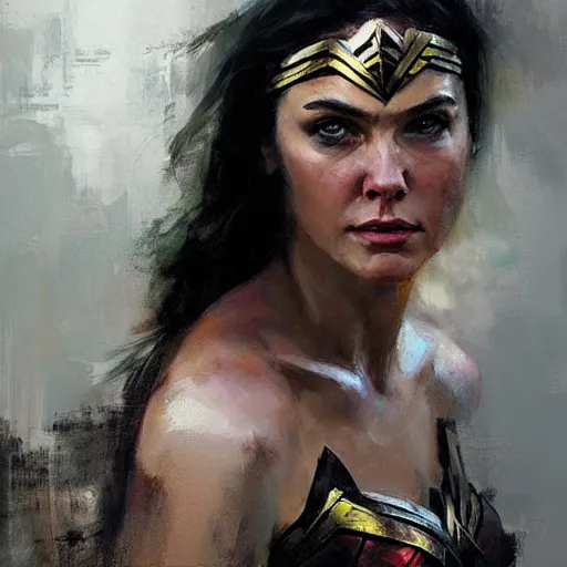 Prompt: face protrait of wonder woman, realistic, ultrahd, jeremy mann painting