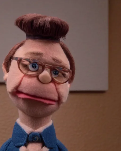 Image similar to film still from the office, dwight schrute as a puppet mumpet!!. highly detailed felt. hyper real photo, octane, jim henson, 4 k.