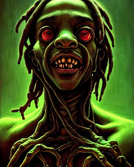 Image similar to lucio from overwatch, dreadlocks, frog like, character portrait, portrait, close up, concept art, intricate details, highly detailed, horror poster, horror, vintage horror art, realistic, terrifying, in the style of michael whelan, beksinski, and gustave dore